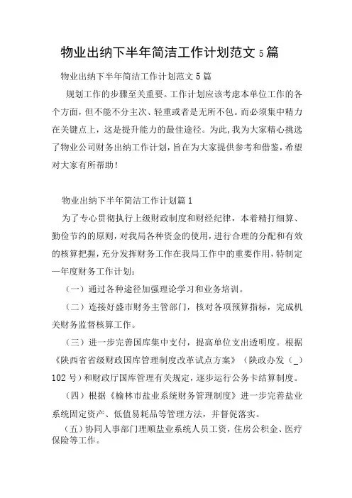 物业出纳下半年简单工作计划范文5篇