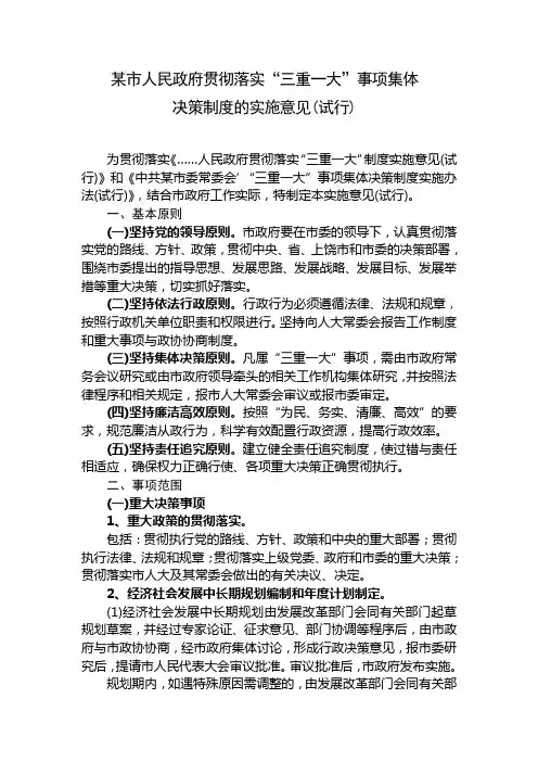 市人民政府贯彻落实“三重一大”事项集体决策制度的实施意见(试行)