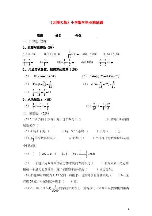 北师大版六年级数学小学毕业考试卷
