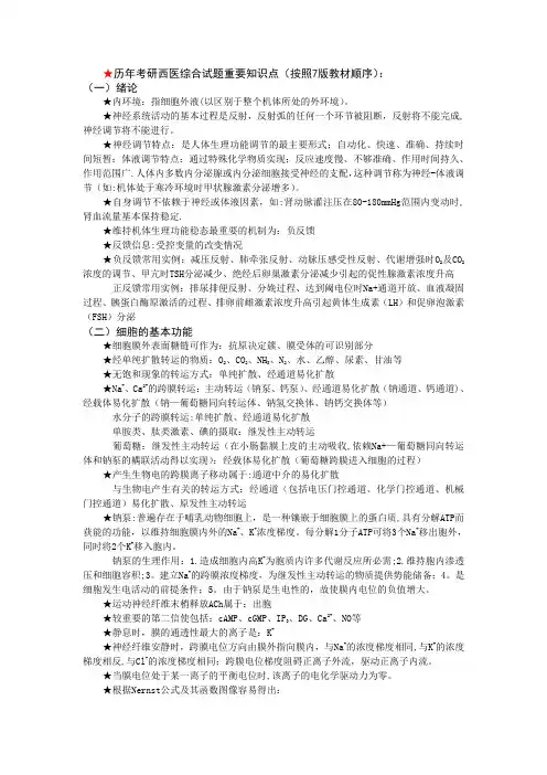 ★历年生理考研西医综合试题重要知识点