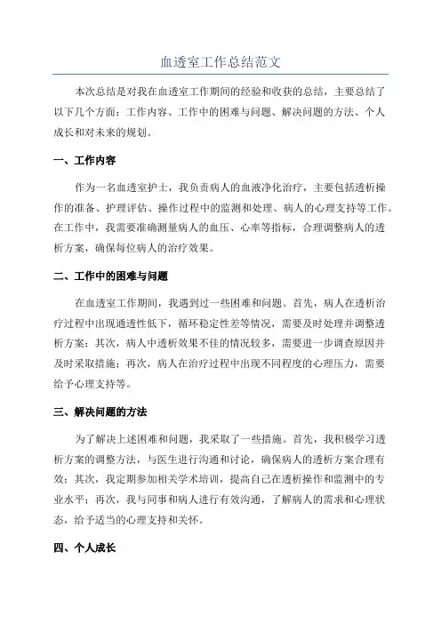 血透室工作总结范文