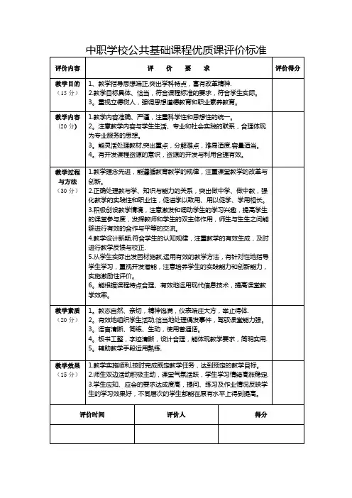 中职学校公共基础课程优质课评价标准