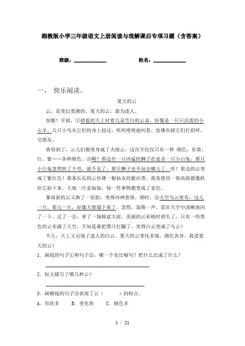 湘教版小学三年级语文上册阅读与理解课后专项习题(含答案)