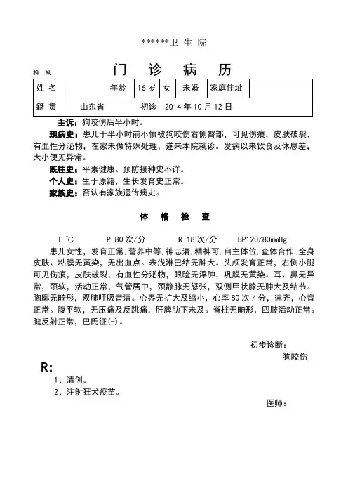犬咬伤门诊病历