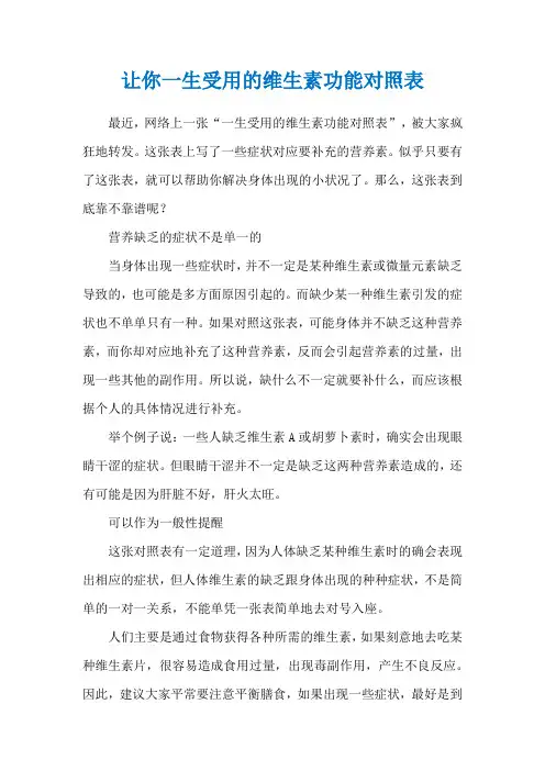 让你一生受用的维生素功能对照表