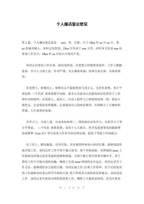 个人廉洁鉴定意见