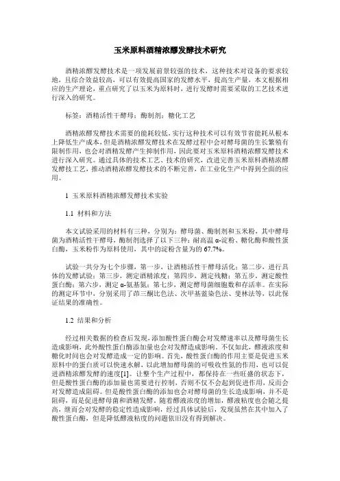 玉米原料酒精浓醪发酵技术研究