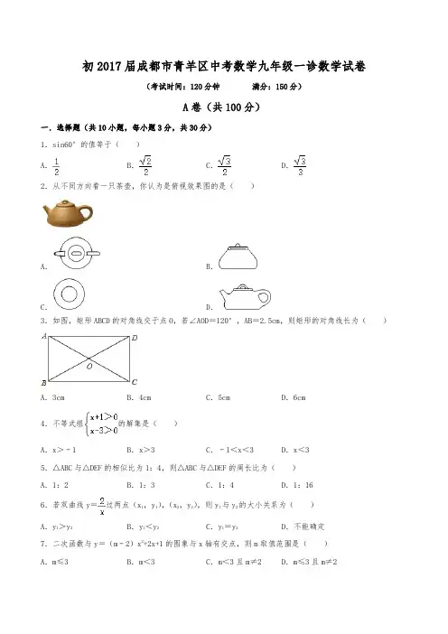 初2017届成都市青羊区中考数学九年级一诊数学试卷(含答案)