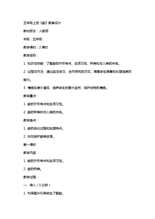 五年级上册《鲸》教案设计人教版五年级鲸教案