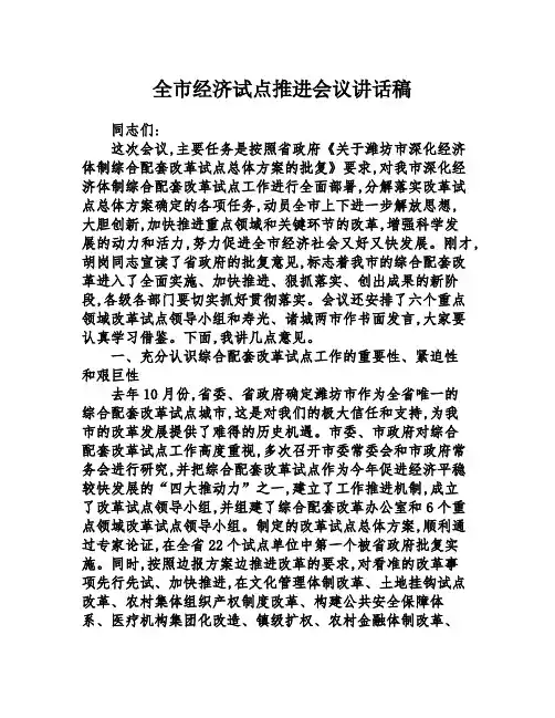 全市经济试点推进会议讲话稿