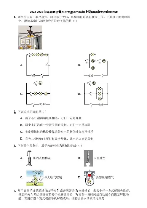2023-2024学年湖北省黄石市大冶市九年级上学期期中考试物理试题
