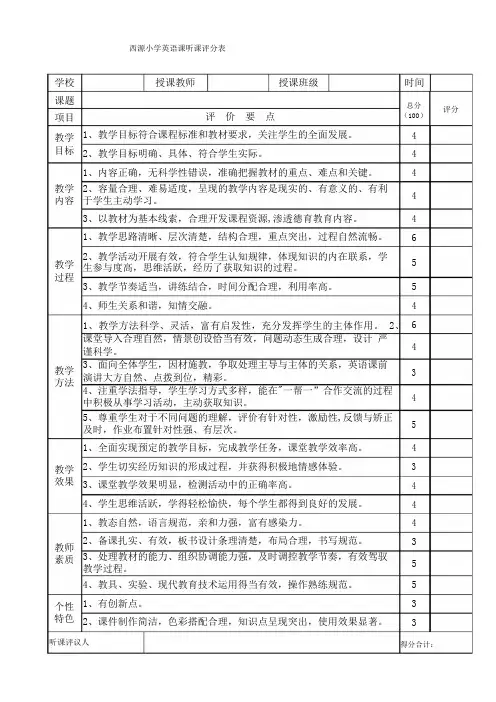 英语课听课评分表