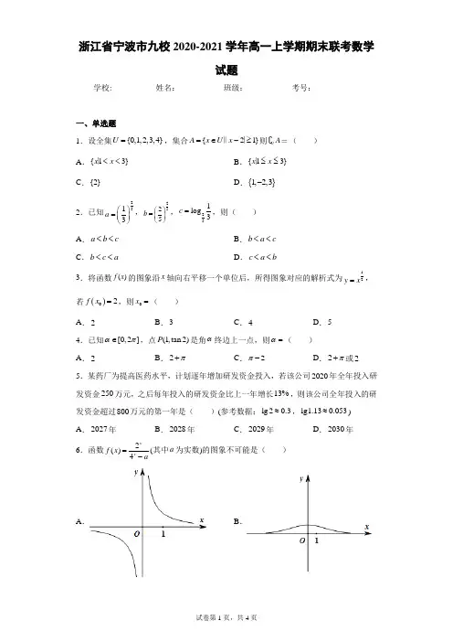 浙江省宁波市九校2020-2021学年高一上学期期末联考数学试题