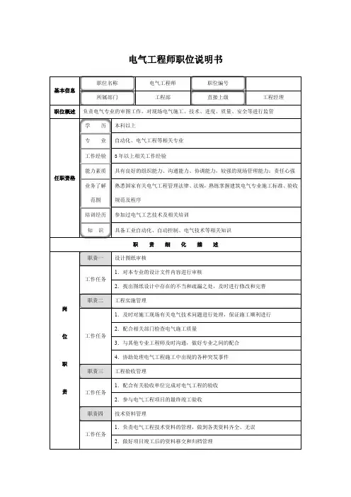 电气工程师职位说明书