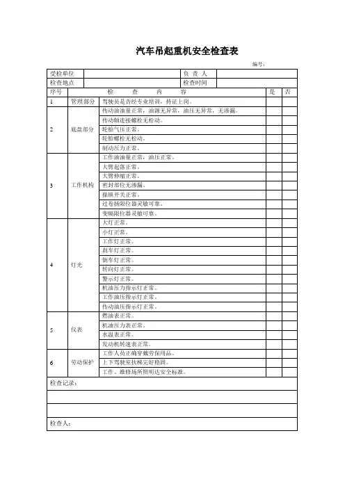 汽车吊起重机安全检查表