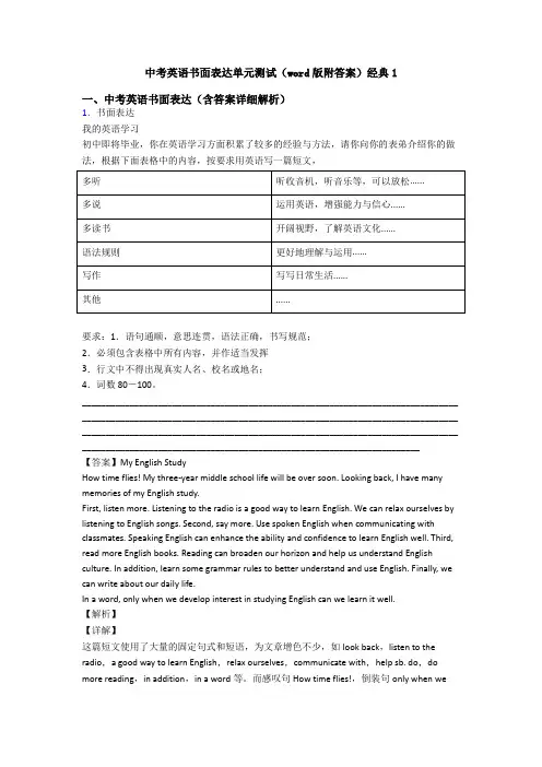 中考英语书面表达单元测试(word版附答案)经典1