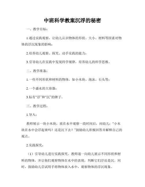 中班科学教案沉浮的秘密