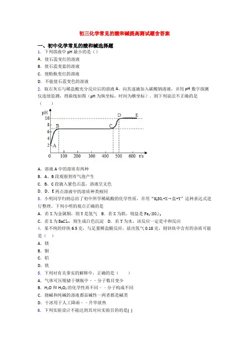 初三化学常见的酸和碱提高测试题含答案