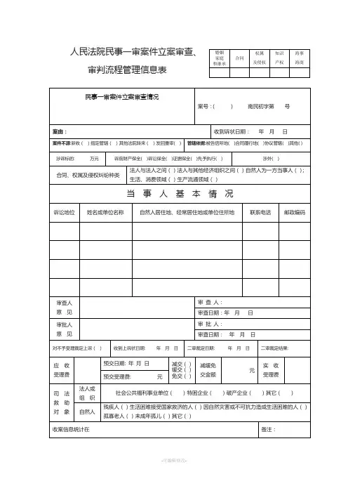 人民法院民事一审案件立案审查、审判流程管理信息表