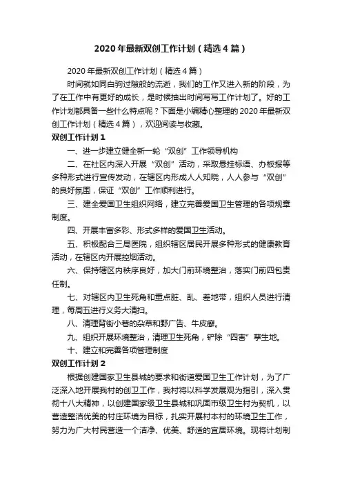 2020年最新双创工作计划（精选4篇）