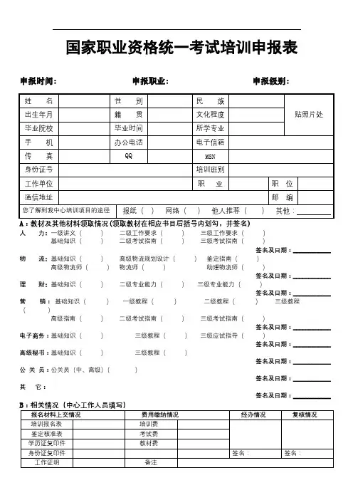 国家职业资格统一考试培训申报表【模板】