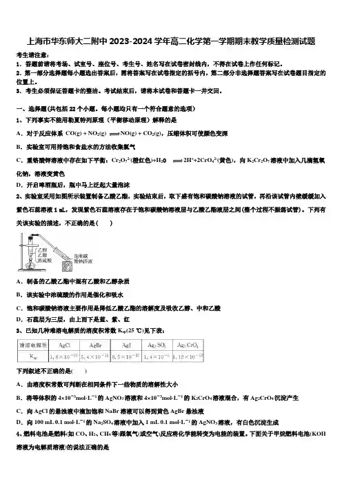 上海市华东师大二附中2023-2024学年高二化学第一学期期末教学质量检测试题含解析