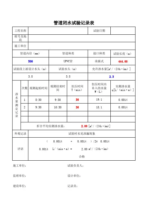 管道闭水试验记录表(自动计算)