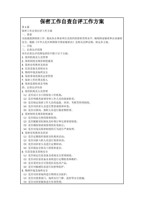 保密工作自查自评工作方案