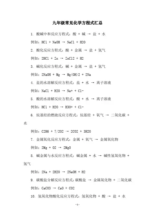 九年级常见化学方程式汇总