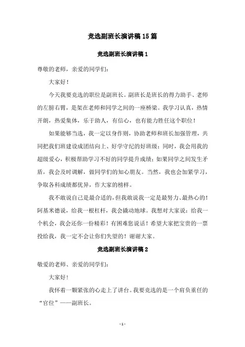 竞选副班长演讲稿15篇