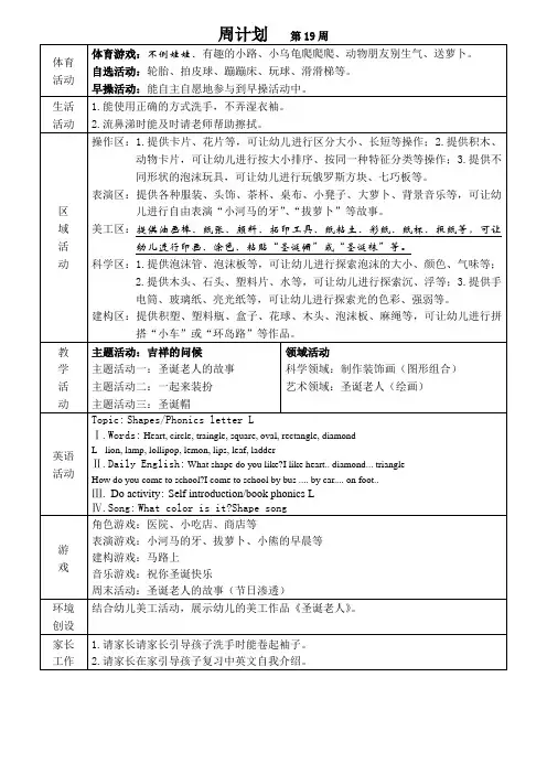 幼儿园小班周计划第19周