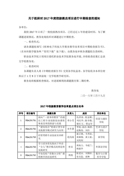 关于组织对2017年度校级教改项目进行中期检查的通知