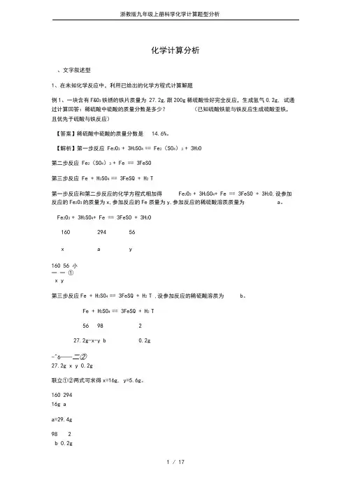 浙教版九年级上册科学化学计算题型分析