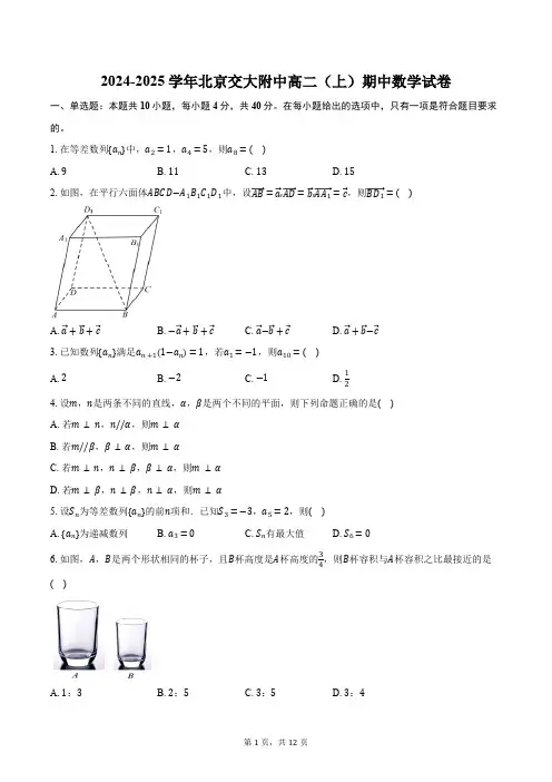 2024-2025学年北京交大附中高二(上)期中数学试卷(含答案)