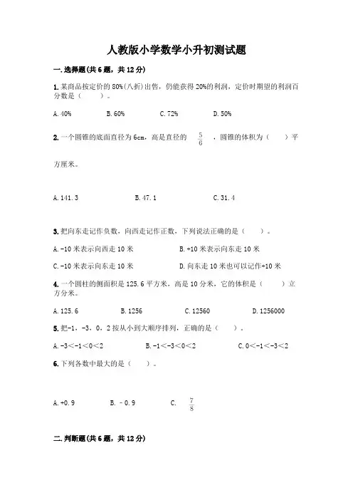 人教版小学数学小升初测试题【A卷】及参考答案(综合卷)