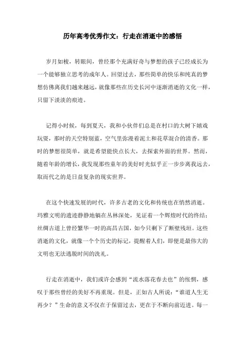 历年高考优秀作文：行走在消逝中的感悟
