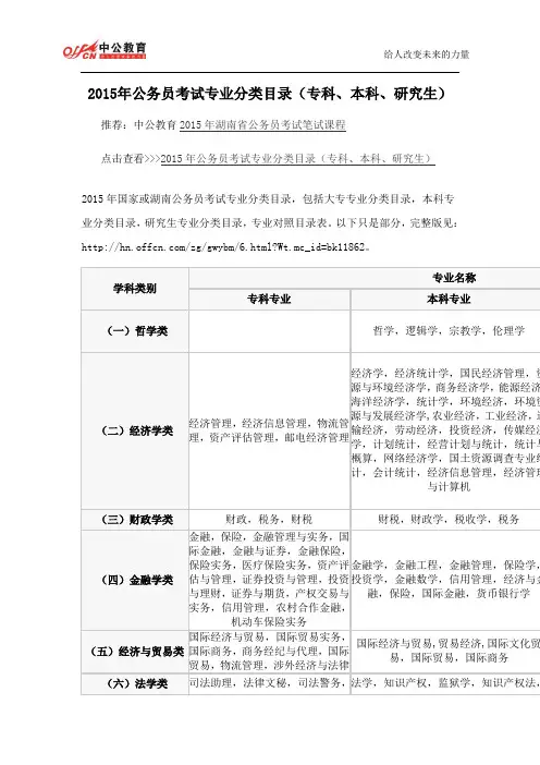 2015年公务员考试专业分类目录(专科、本科、研究生)