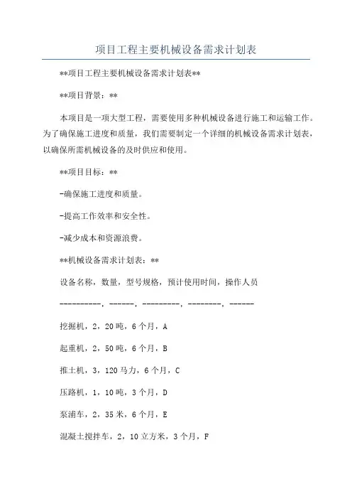 项目工程主要机械设备需求计划表