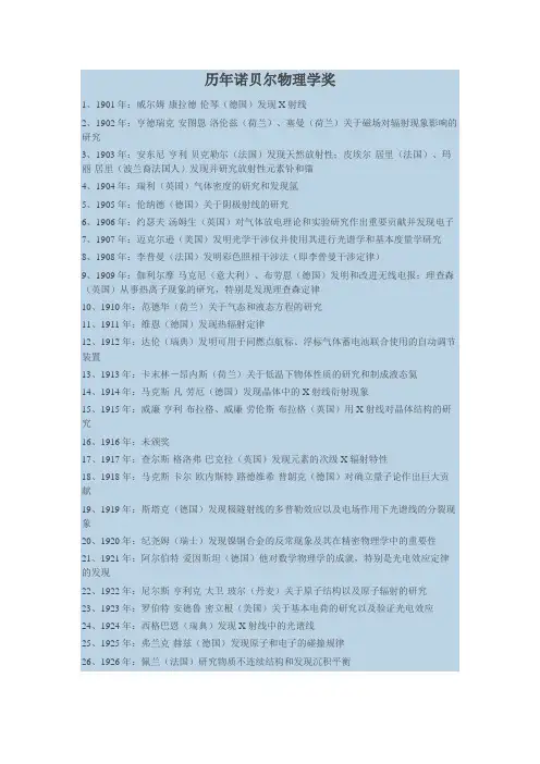 历年诺贝尔物理学奖