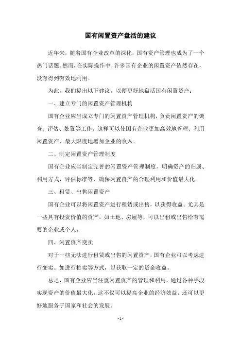 国有闲置资产盘活的建议