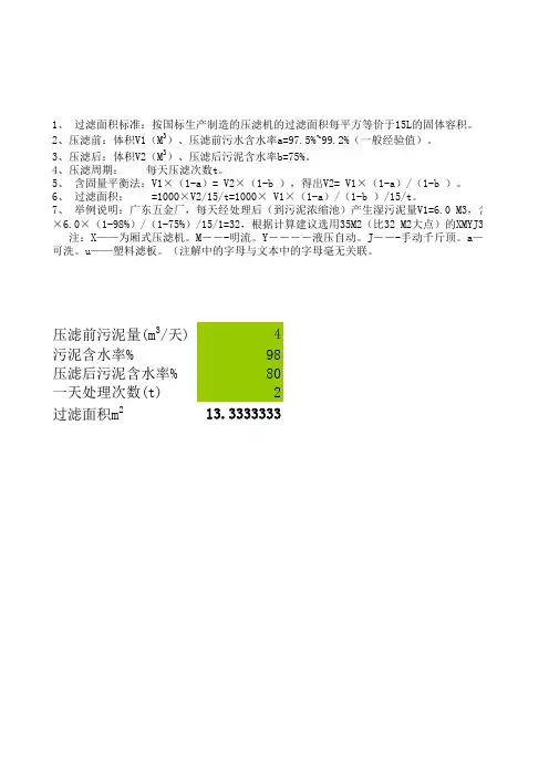 压滤机选型计算