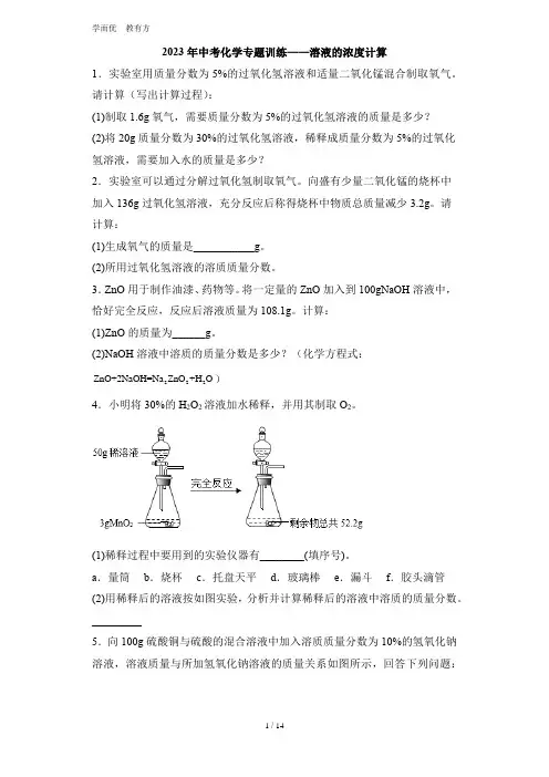 2023年中考化学专题训练——溶液的浓度计算