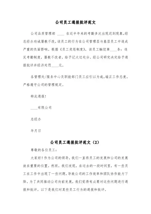 公司员工通报批评范文（2篇）