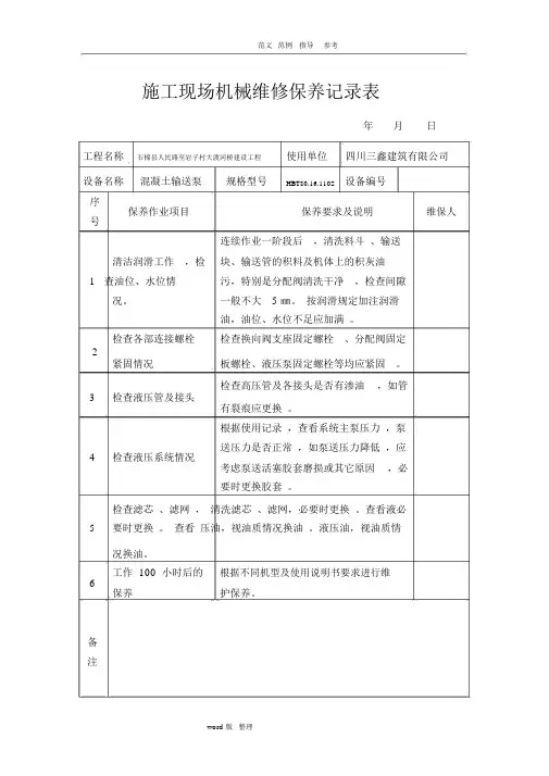 建筑施工现场机械维修保养记录表