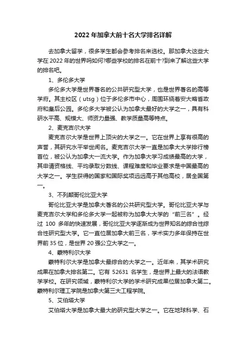 2022年加拿大前十名大学排名详解