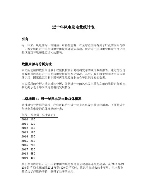 近十年风电发电量统计表