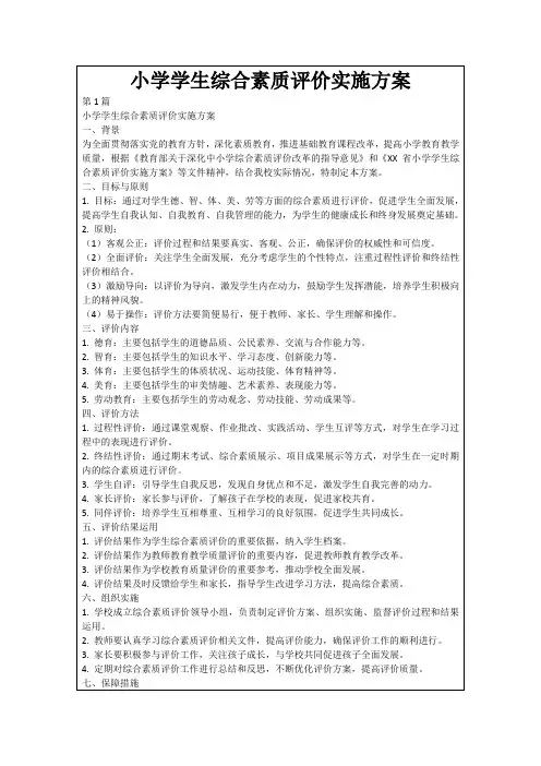 小学学生综合素质评价实施方案