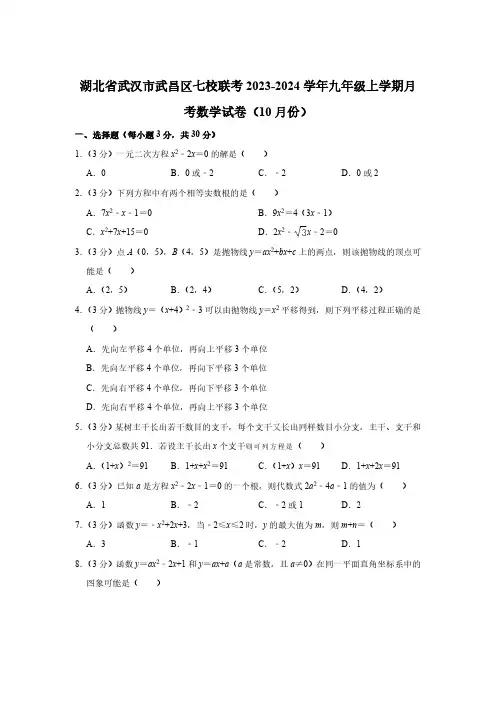 湖北省武汉市武昌区七校联考2024届九年级上学期10月月考数学试卷(含解析)