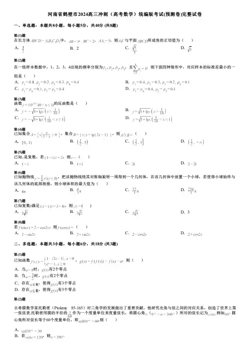 河南省鹤壁市2024高三冲刺(高考数学)统编版考试(预测卷)完整试卷