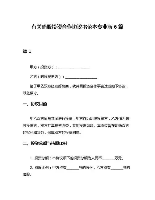 有关暗股投资合作协议书范本专业版6篇